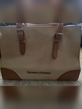 Dooney & Bourke Beige PATENT LEATHER Tote  Brown Leather Accents SEE CALL OUTS!
